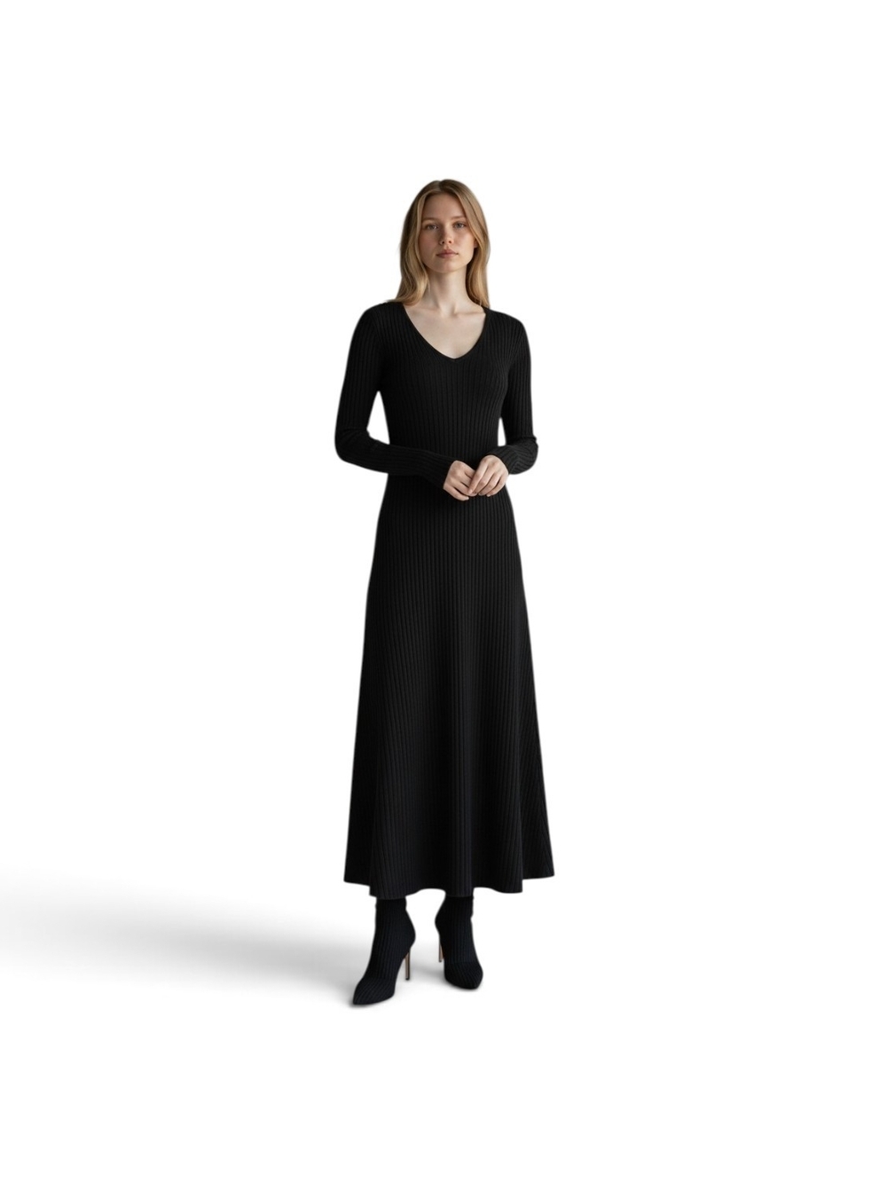Petal & Pup Black Ribbed V-Neck Long Sleeve Maxi Dress